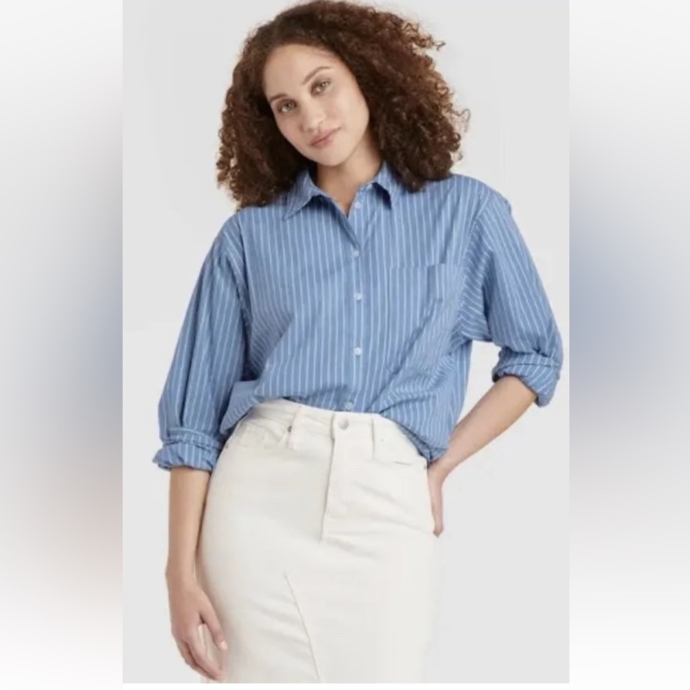 A New Day Women’s Striped Blue long sleeve button down Blouse